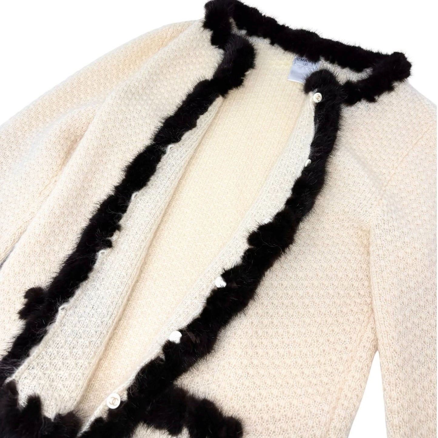 CHANEL Vintage 03A CC Logo Fur Trim Knit Cardigan #42 Cream Brown Mohair 901978