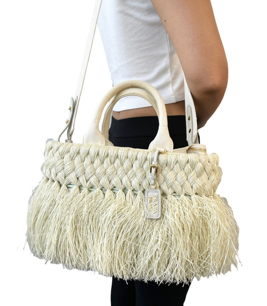 PRADA Vintage Fringe Raffia Straw Tote Crossbody Bag 2way Cream Gold 902235