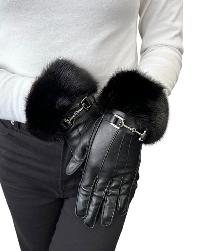 GUCCI Vintage Horsebit Fur Trim Lambskin Leather Gloves #7 Black Silver 902097