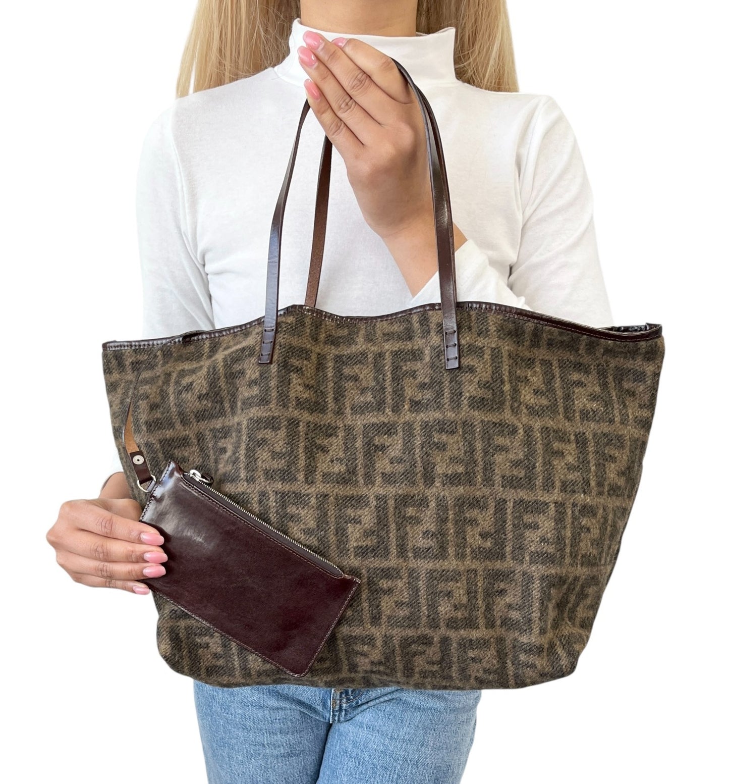FENDI Vintage Zucca Monogram Knit Wool Tote Shoulder Bag Leather Pouch Brown