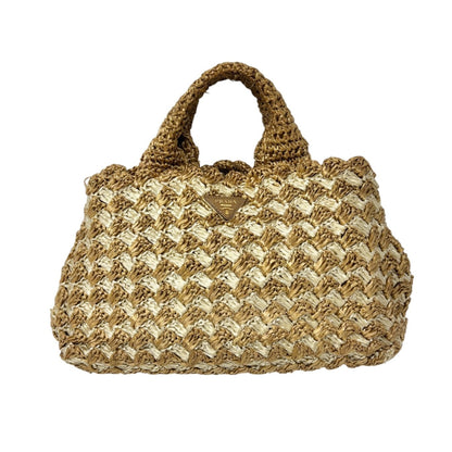 PRADA Vintage Triangle Logo Raffia Canapa Tote Bag Beige Cream Crochet 902066