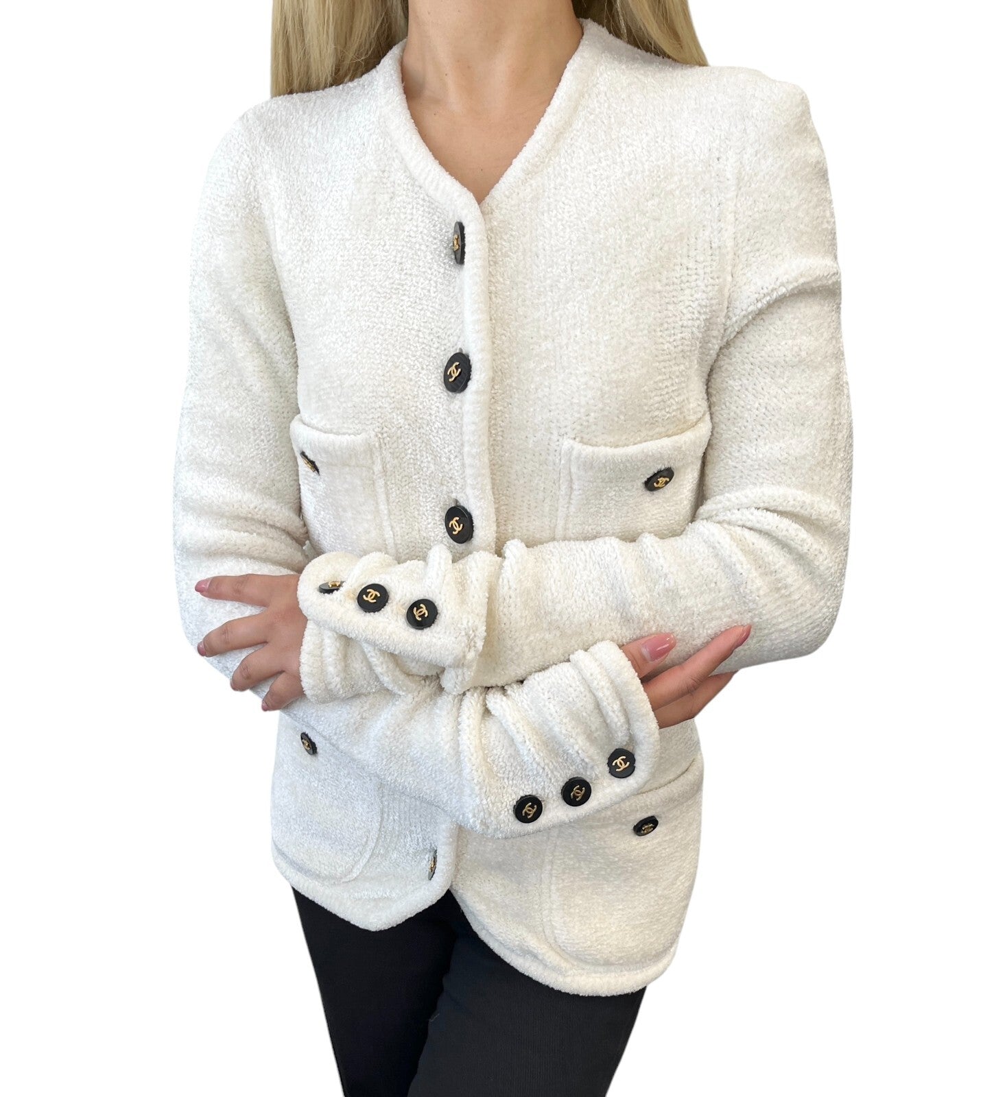 CHANEL Vintage 95A CC Mark Logo Velour Jacket #36 White Gold Viscose Cardigan