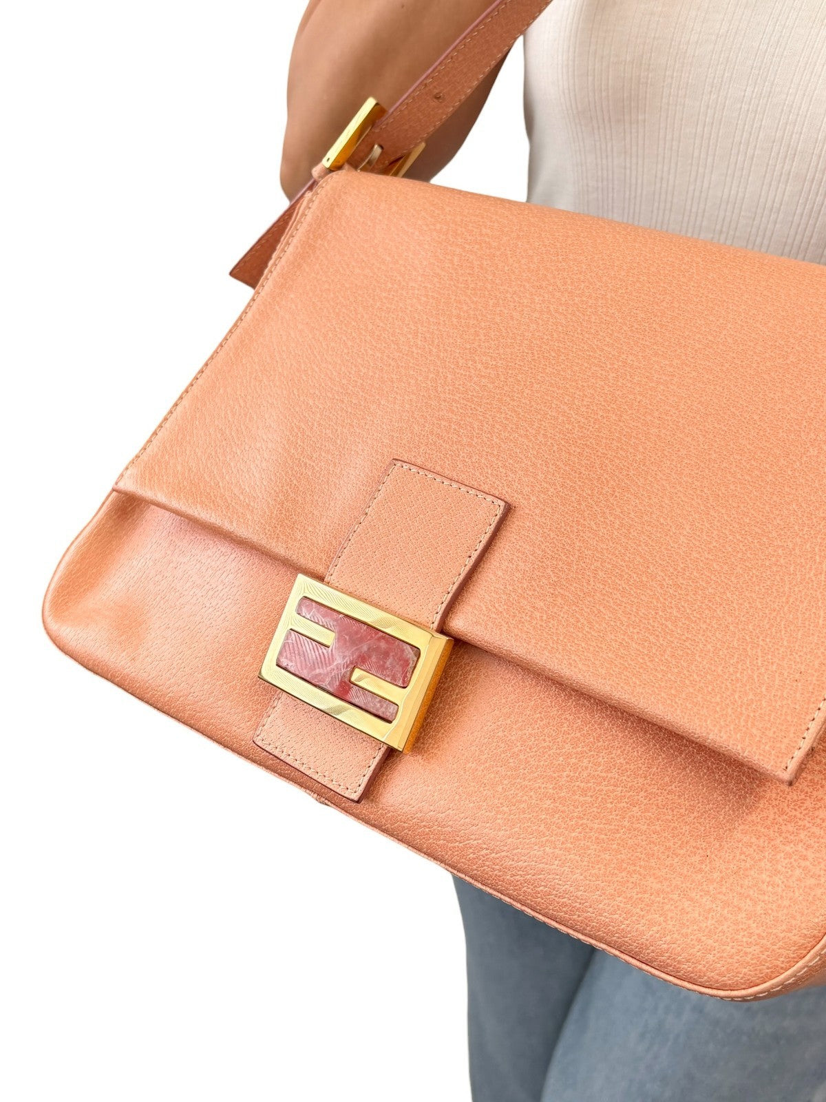FENDI Vintage FF Logo Mamma Baguette Shoulder Bag Handbag Salmon Pink Leather
