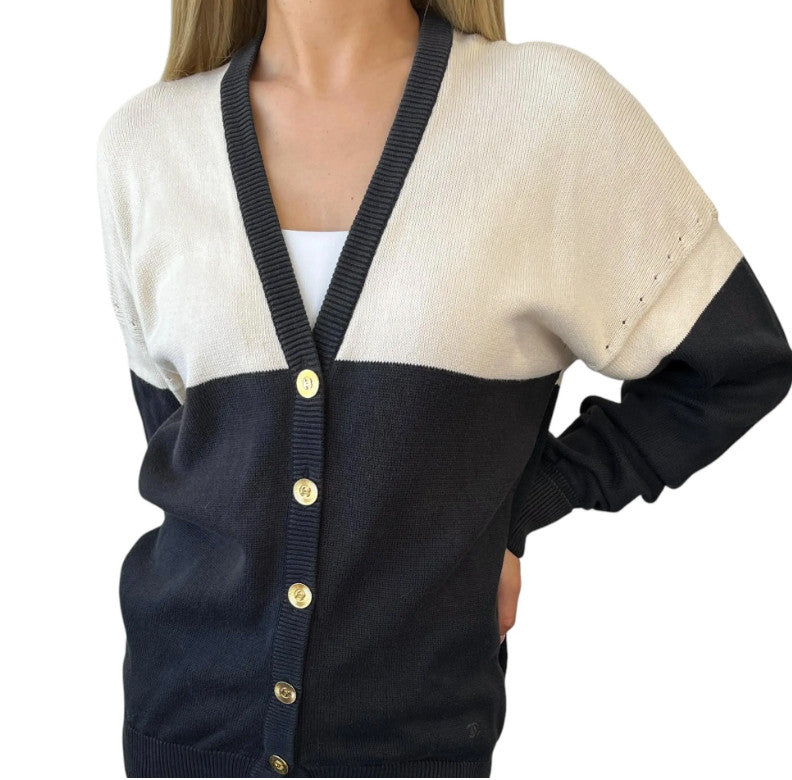 CHANEL Vintage CC Logo Cardigan Bi-color Sweater #M Button Cream Black Cotton