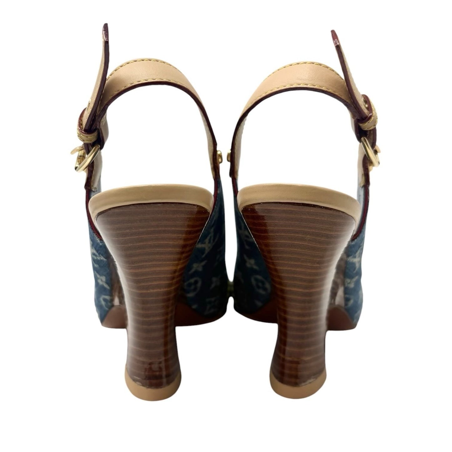 LOUIS VUITTON Vintage Monogram Denim Sandals Heels #36 Blue Beige Leather 901959