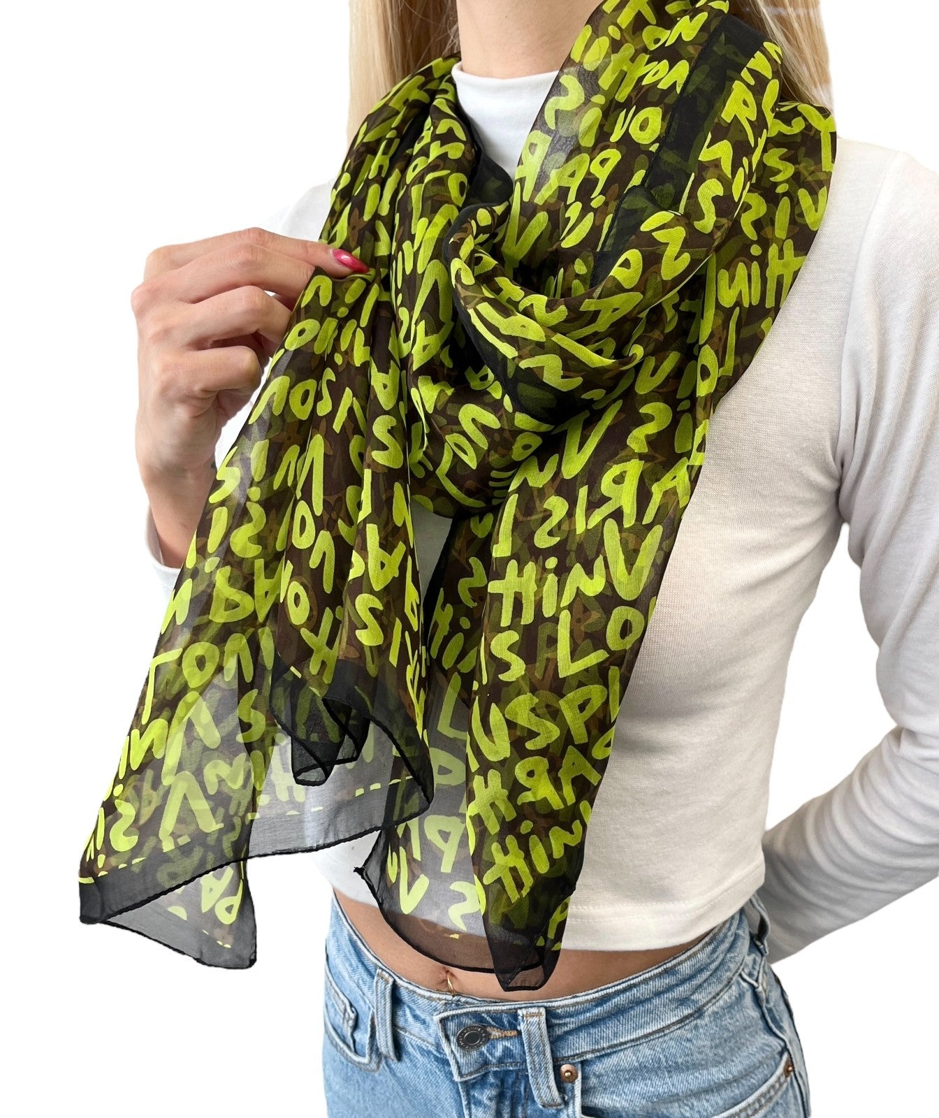 LOUIS VUITTON Vintage LV Monogram Logo Graffiti Scarf Green Brown Silk