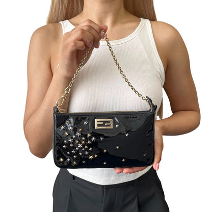 FENDI Vintage FF Logo Star Studs Mini Chain Shoulder Bag Black Gold 902276