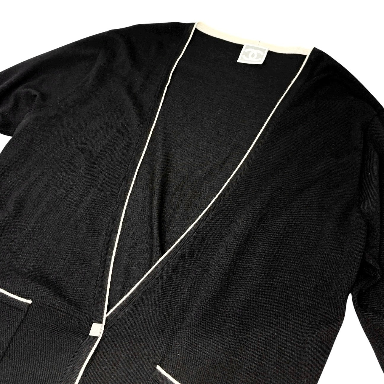 CHANEL Sport Vintage 06A CC Mark Logo Knit Cardigan #46 Black White Silk Wool