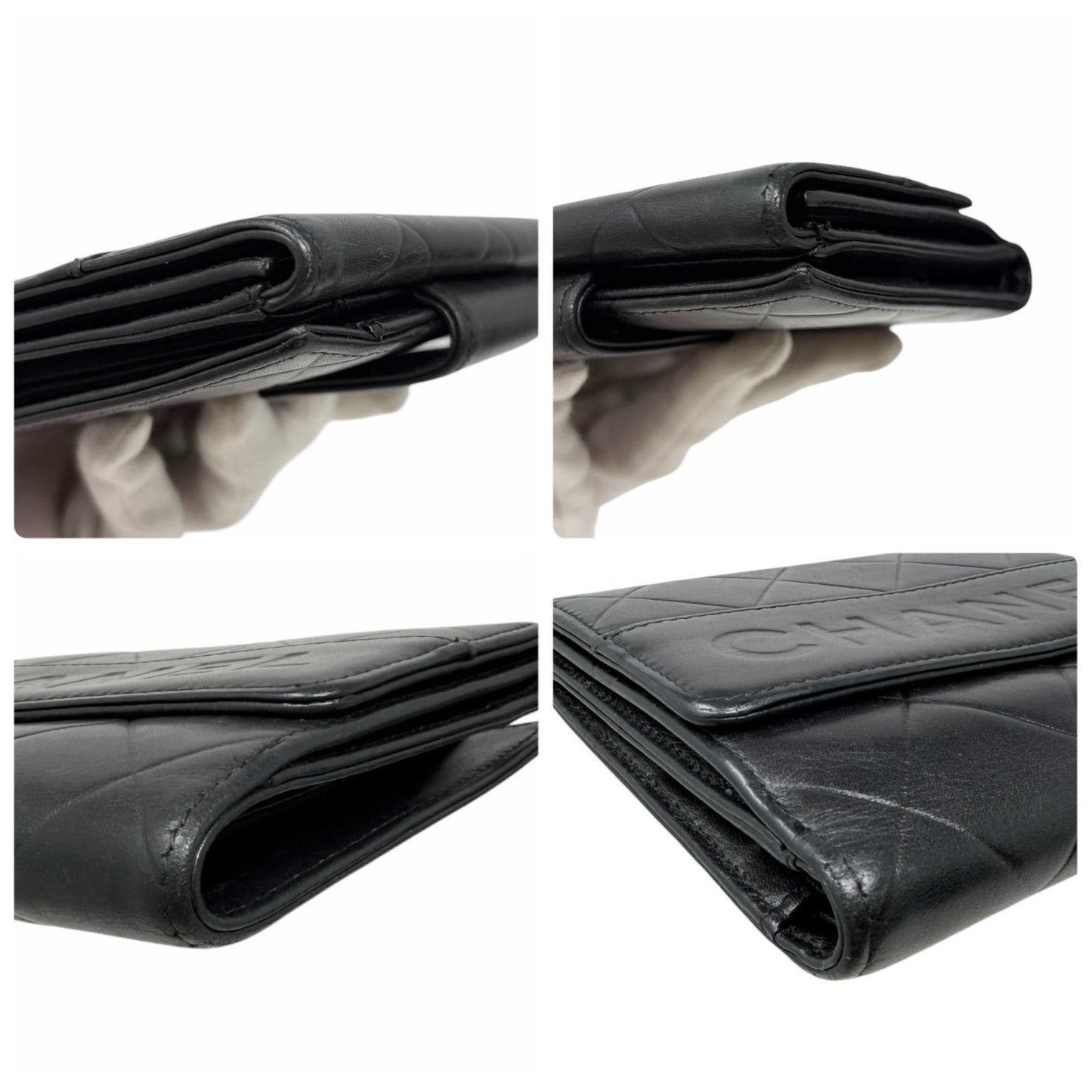 CHANEL Vintage Big Logo Quilted Wallet Leather Black Silver Purse 901816