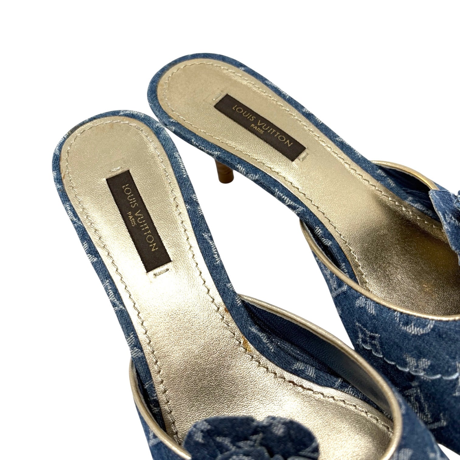 LOUIS VUITTON Vintage Monogram Denim Heels Sandals #36.5 Blue Gold Corsage