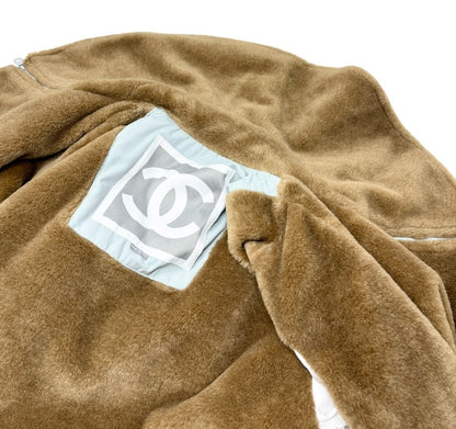 CHANEL Sport Vintage 01A CC Fur Collar Coat Jacket #38 Light Blue Brown 902901