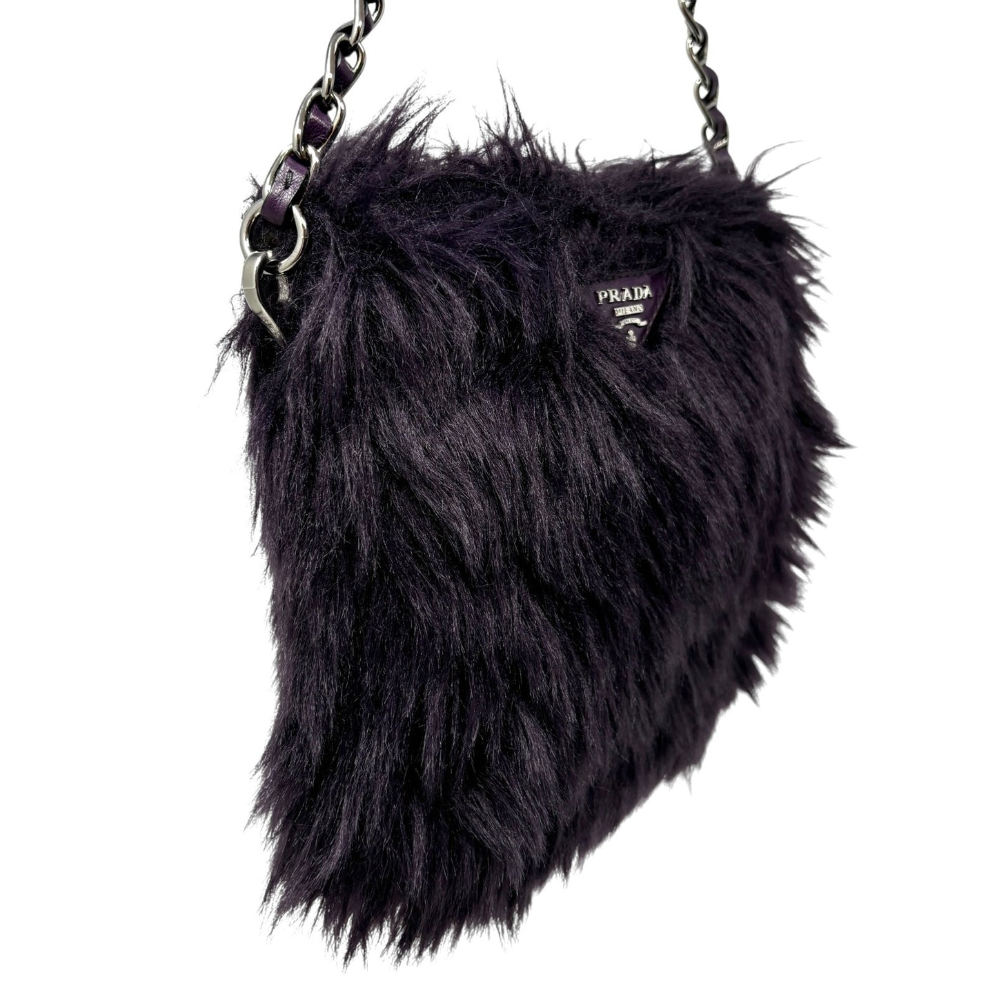 PRADA Vintage Logo Fur Chain Crossbody Bag Purple Silver Zip Leather Rank AB