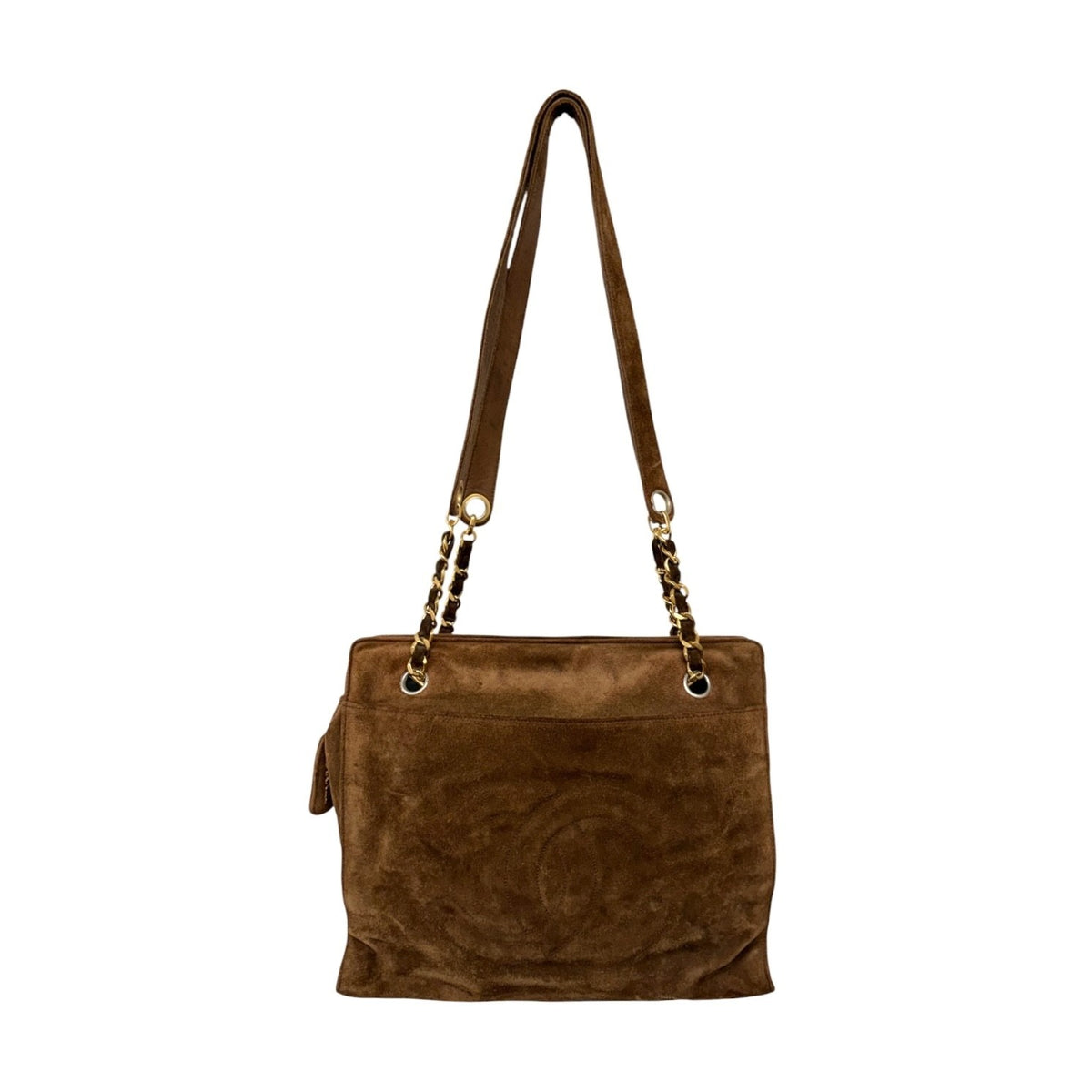 CHANEL Vintage CC Logo Suede Chain Tote Shoulder Bag Brown Gold 902488