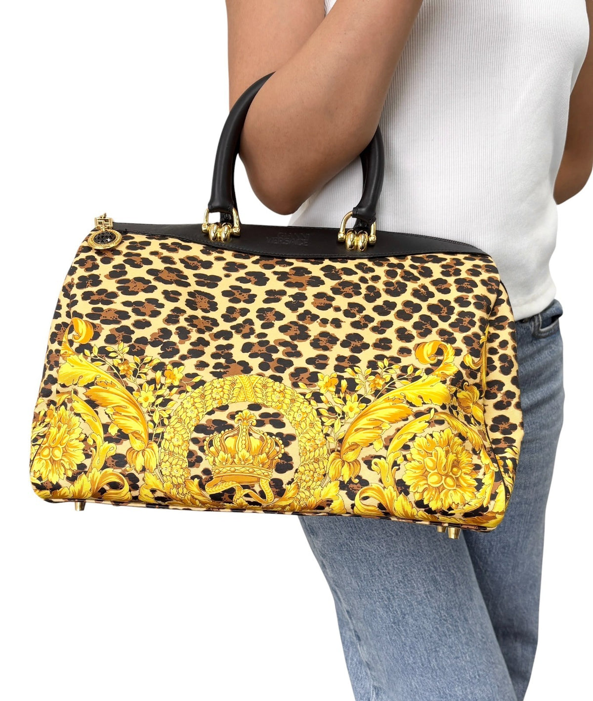 VERSACE Vintage Logo Leopard Baroque Crown Satchel Bag Yellow Black 902314
