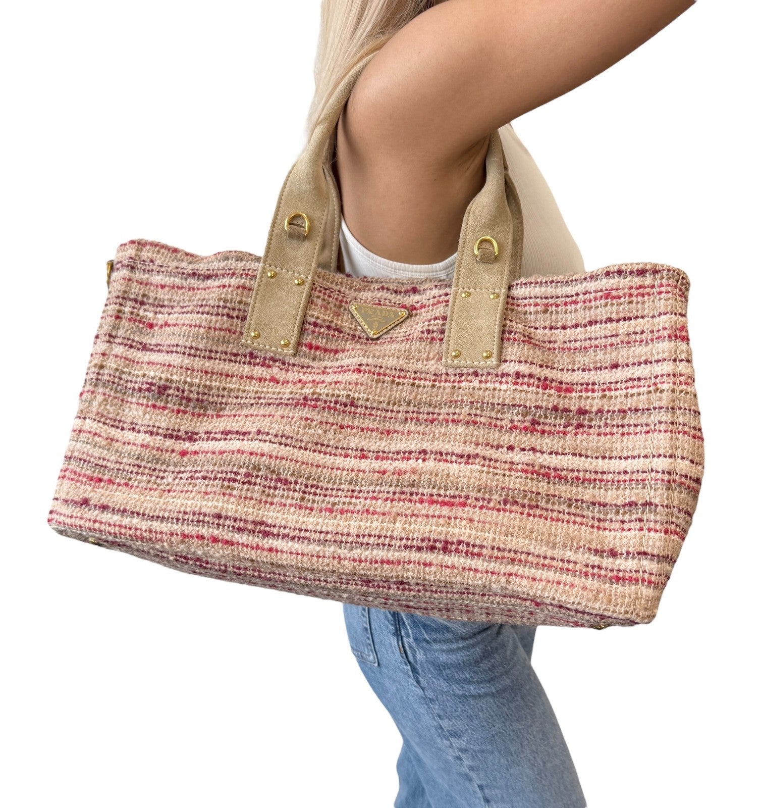 PRADA Vintage Logo Tweed 2way Tote Bag Crossbody Pink Cream Gold Wool Suede