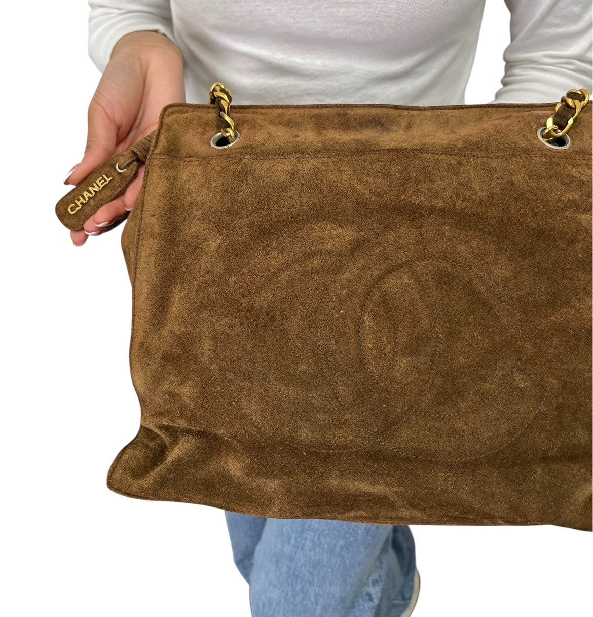 CHANEL Vintage CC Logo Suede Chain Tote Shoulder Bag Brown Gold 902488