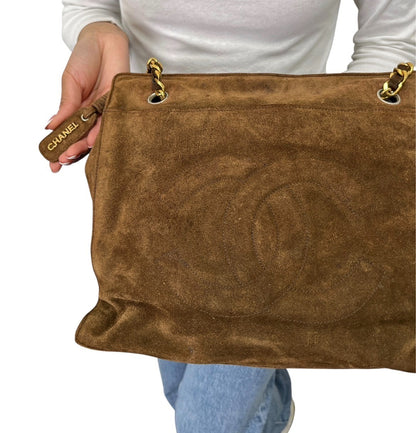 CHANEL Vintage CC Logo Suede Chain Tote Shoulder Bag Brown Gold 902488