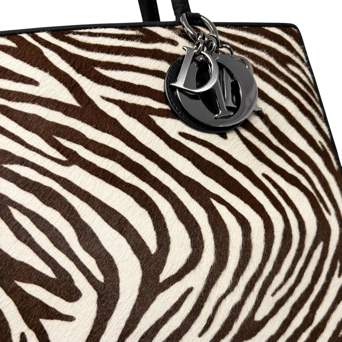 Christian Dior Vintage Logo Charm Zebra Pony Calf Hair Handbag Black 902383