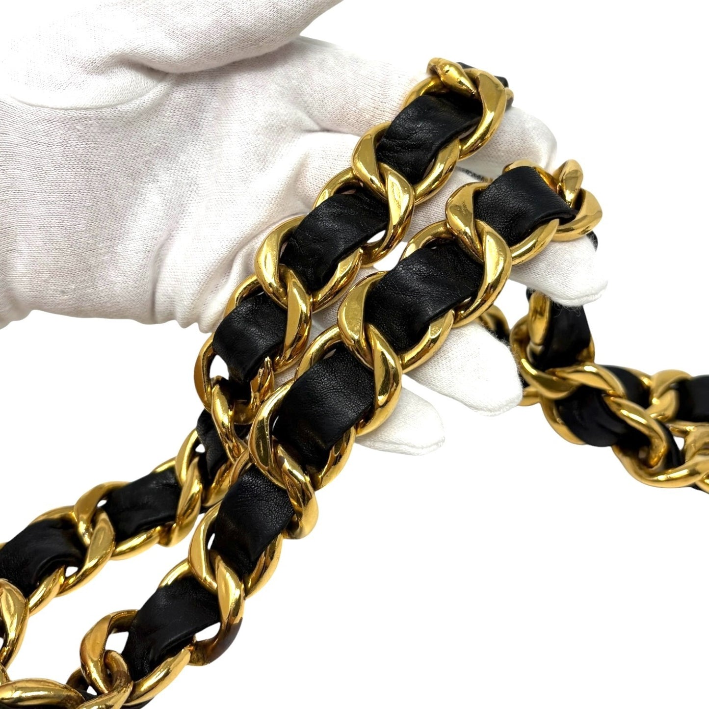 CHANEL Vintage CC Logo Chain Belt Accessory Gold Black Metal Leather 901898