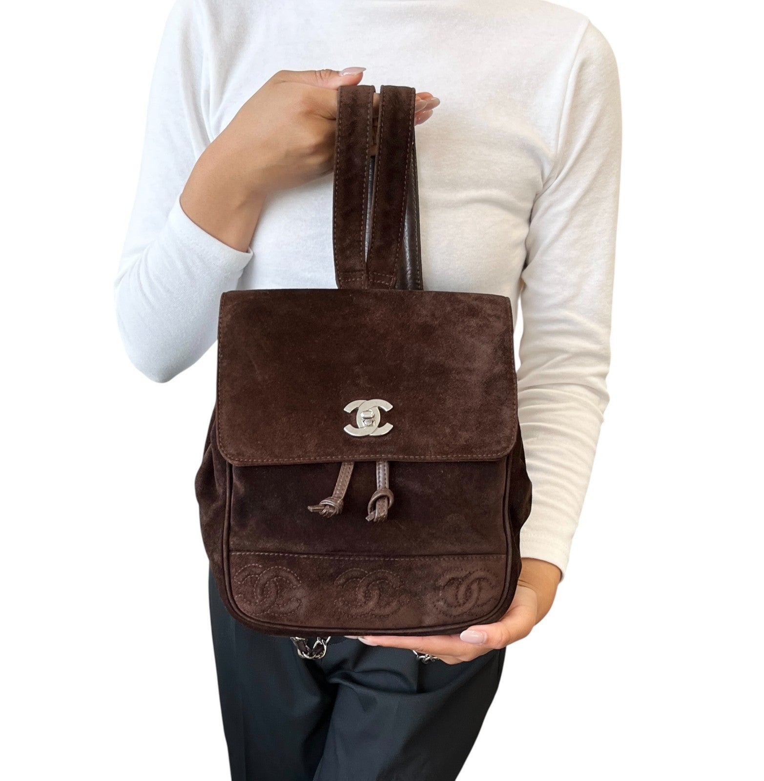 CHANEL Vintage CC Mark Logo Turn Lock Backpack Stitch Brown Silver Suede