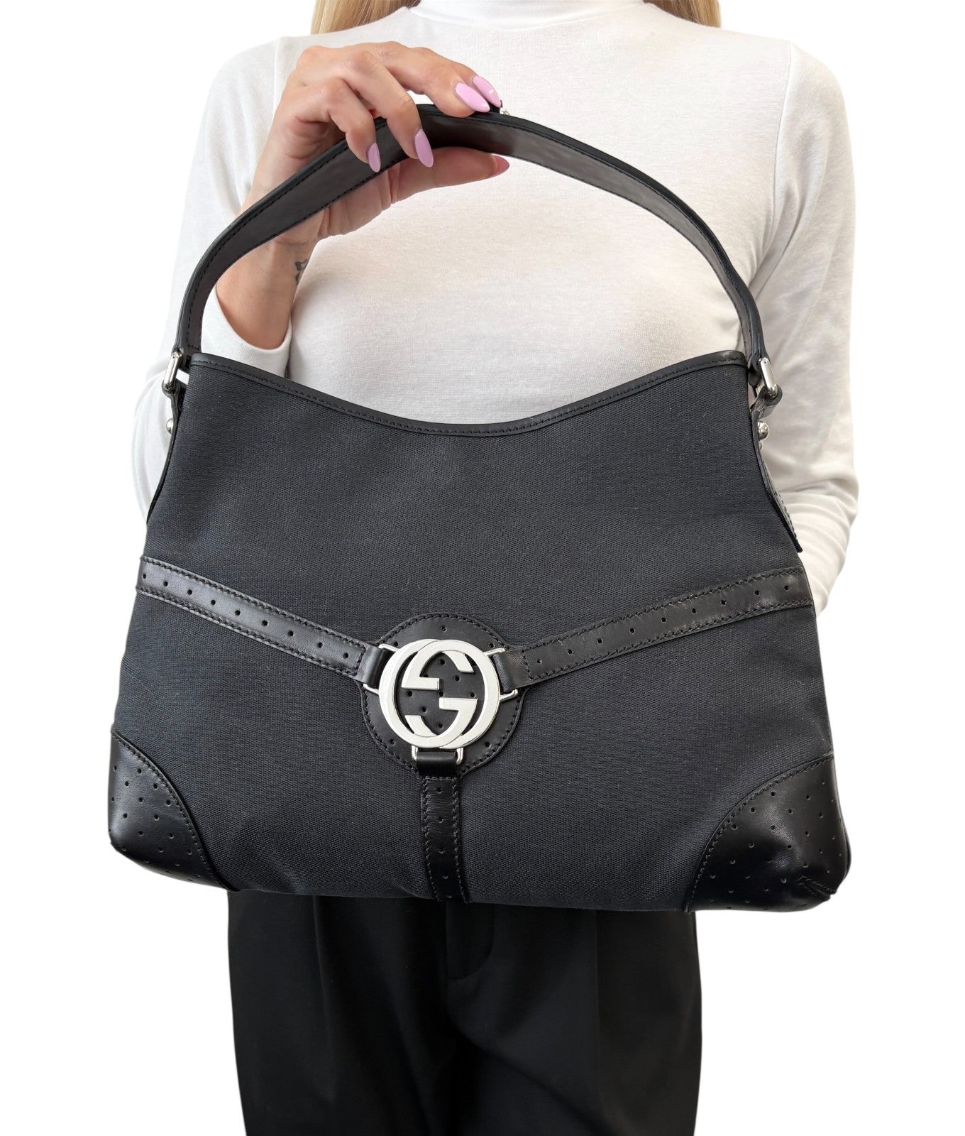GUCCI Vintage Interlocking G Reins Perforated Cotton Hobo Bag Black Silver