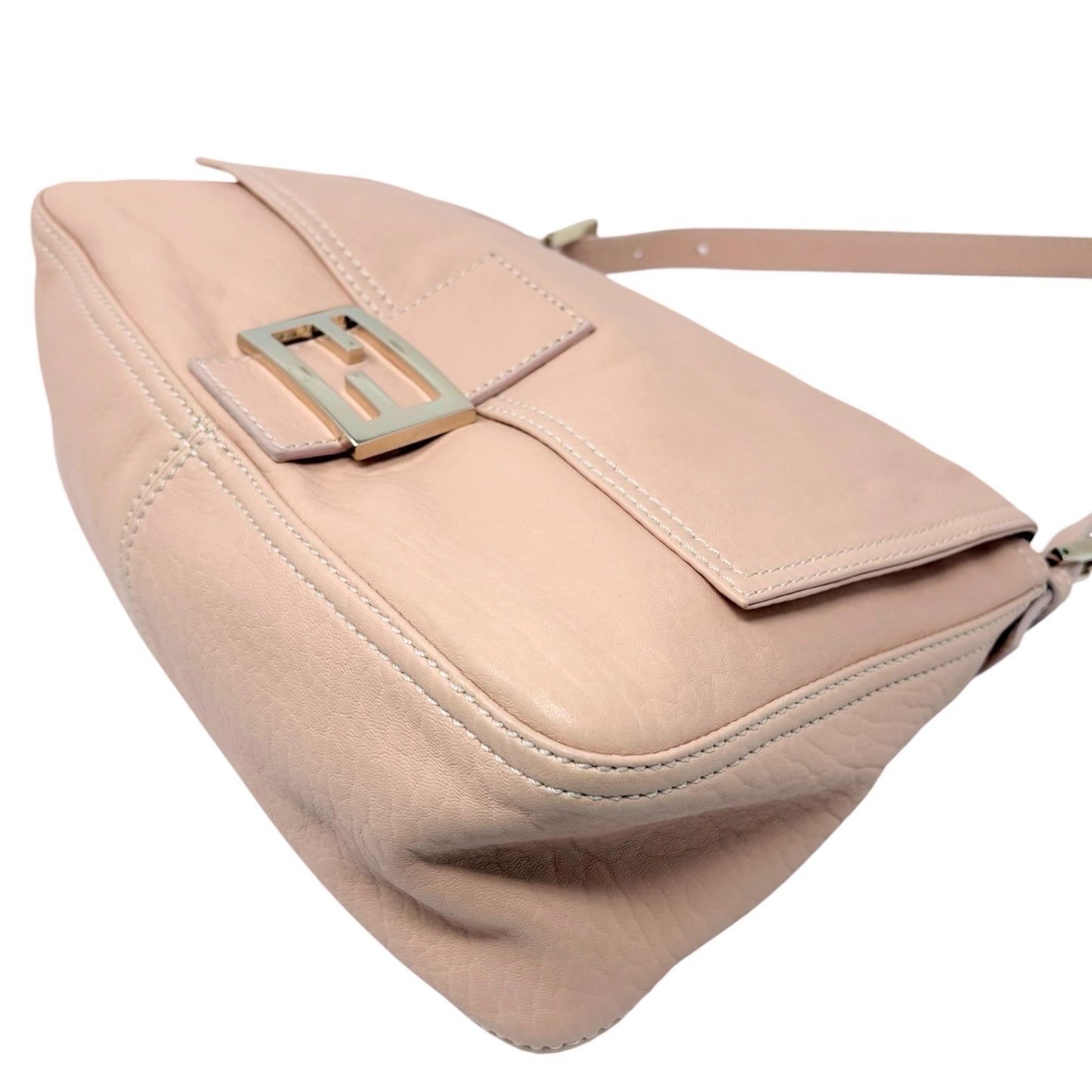 FENDI Vintage FF Logo Mamma Baguette Shoulder Bag Beige Gold Soft Leather