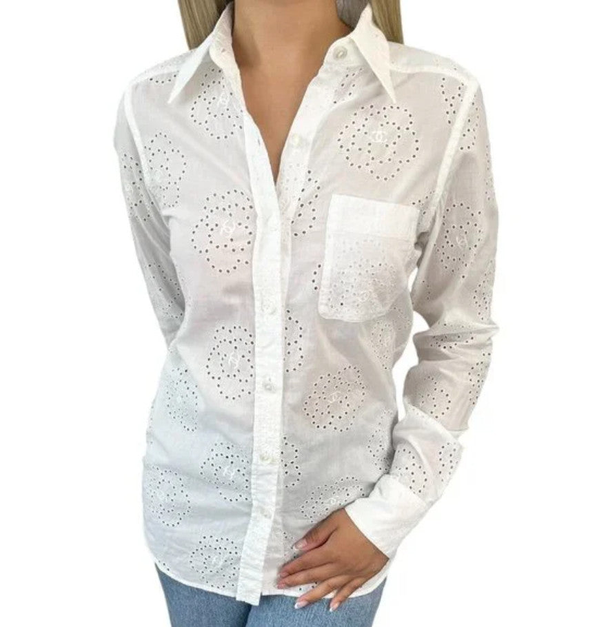 CHANEL Vintage 08P CC Logo Mark Camellia Blouse Shirt #36 Top White Cotton