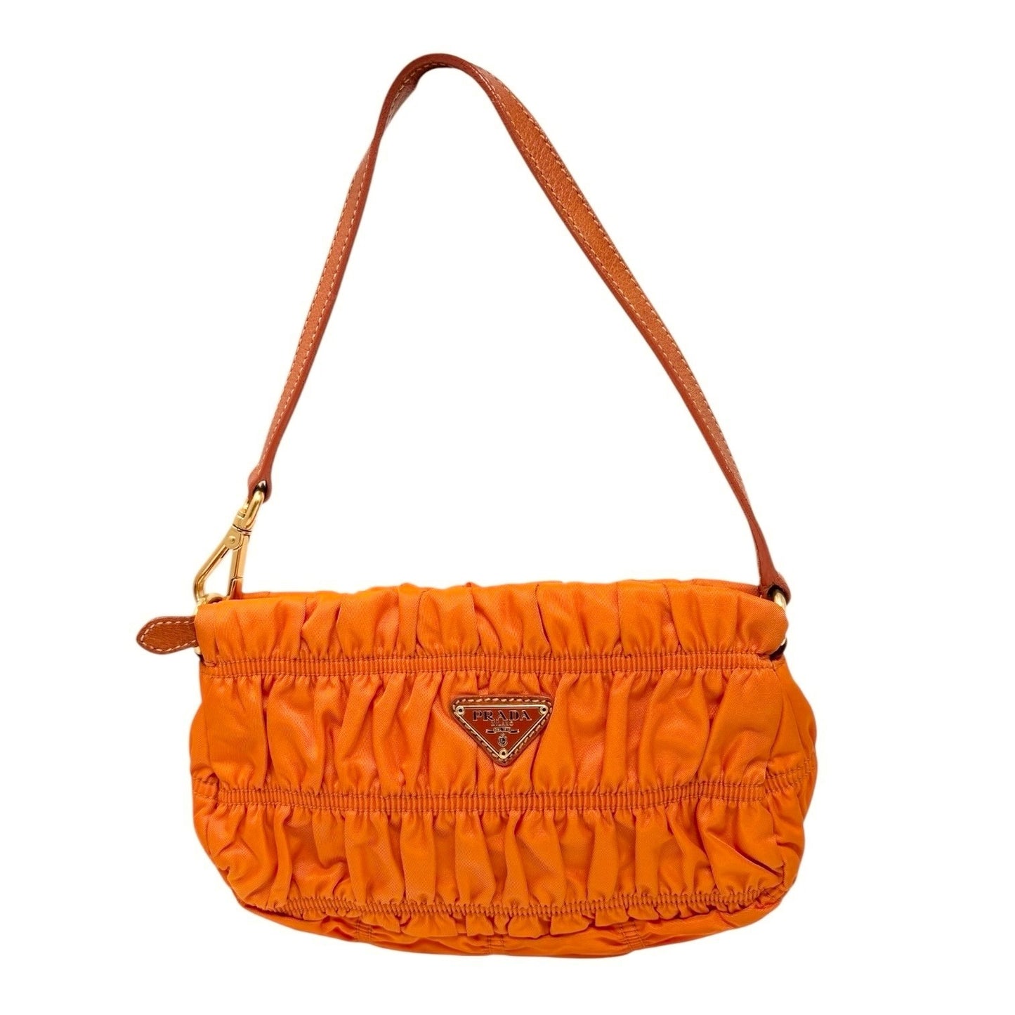PRADA Vintage Logo Tessuto Gaufre Pochette Shoulder Nylon Bag Orange Gold