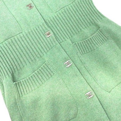 CHANEL Vintage P52425 CC Turnlock Logo Knit Cardigan Dress #38 Cashmere Green
