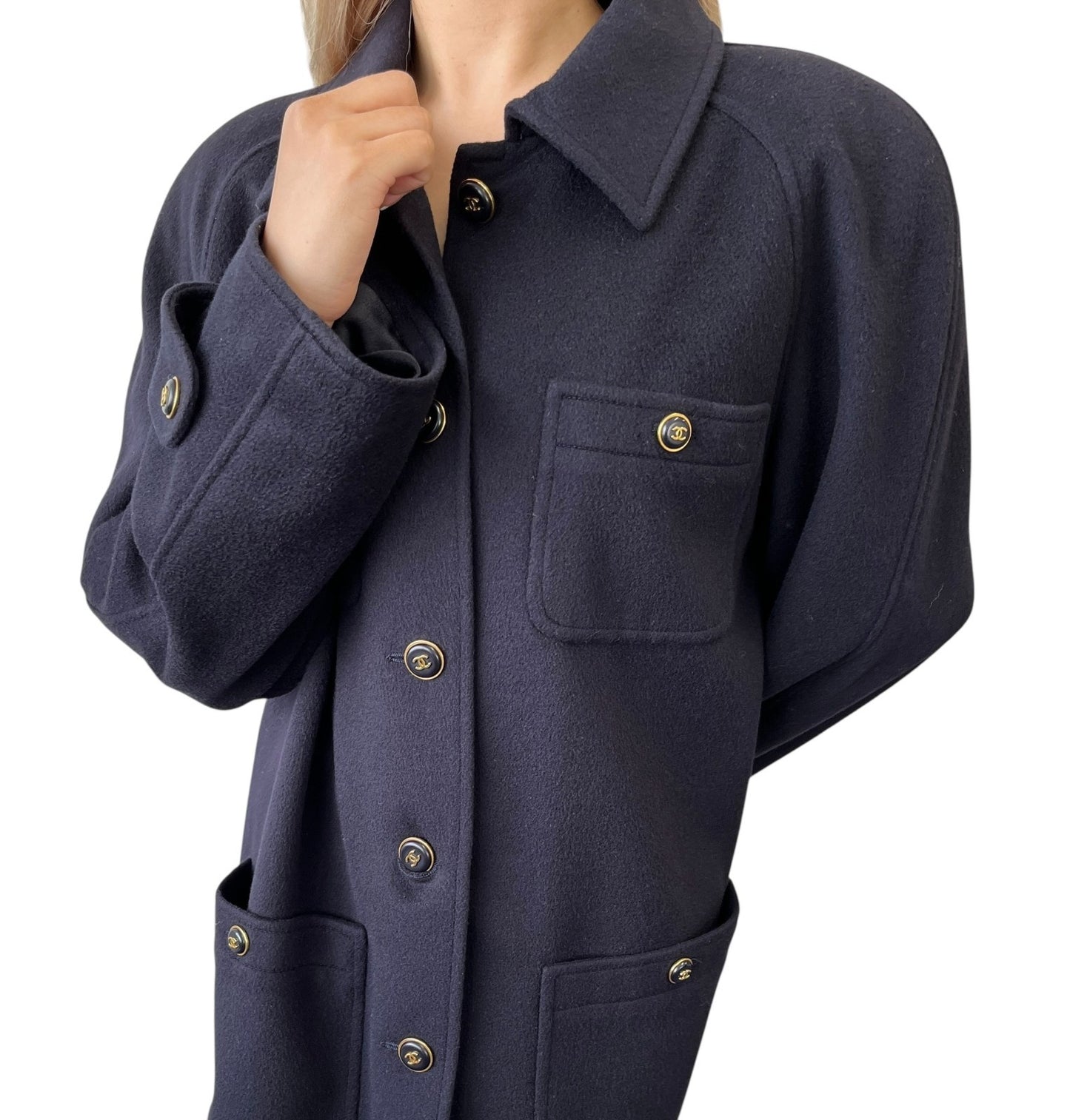 CHANEL Vinatage 95A CC Logo Button Coat Jacket #38 Cashmere Dark Blue Gold