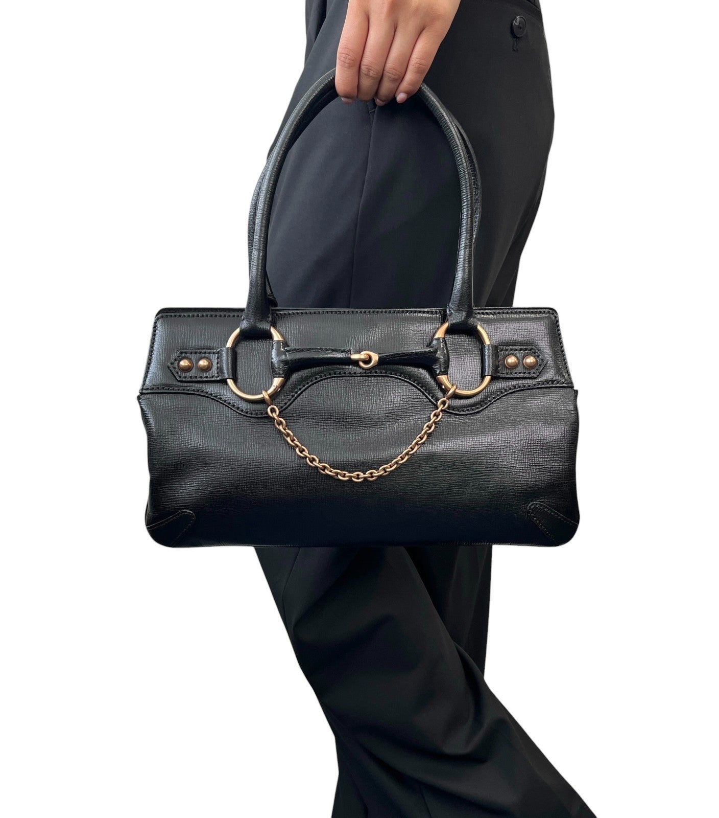 GUCCI Vintage Horsebit Chain Shoulder Tote Bag Black Gold Leather 902057