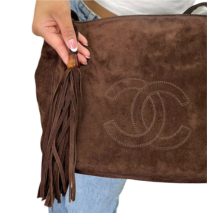 CHANEL Vintage CC Fringe Crossbody Shoulder Bag 2way Bag Brown Suede 902326