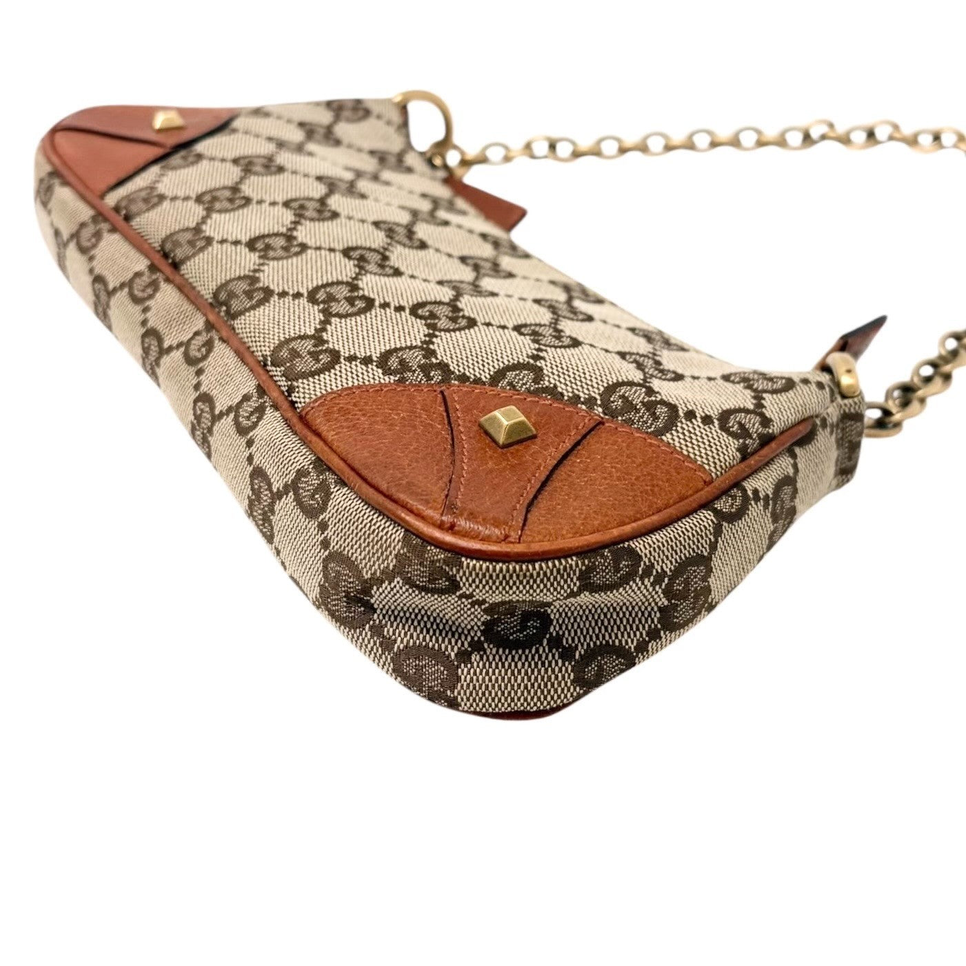 GUCCI Vintage GG Canvas Monogram Chain Shoulder Bag Pouch Beige Gold Leather