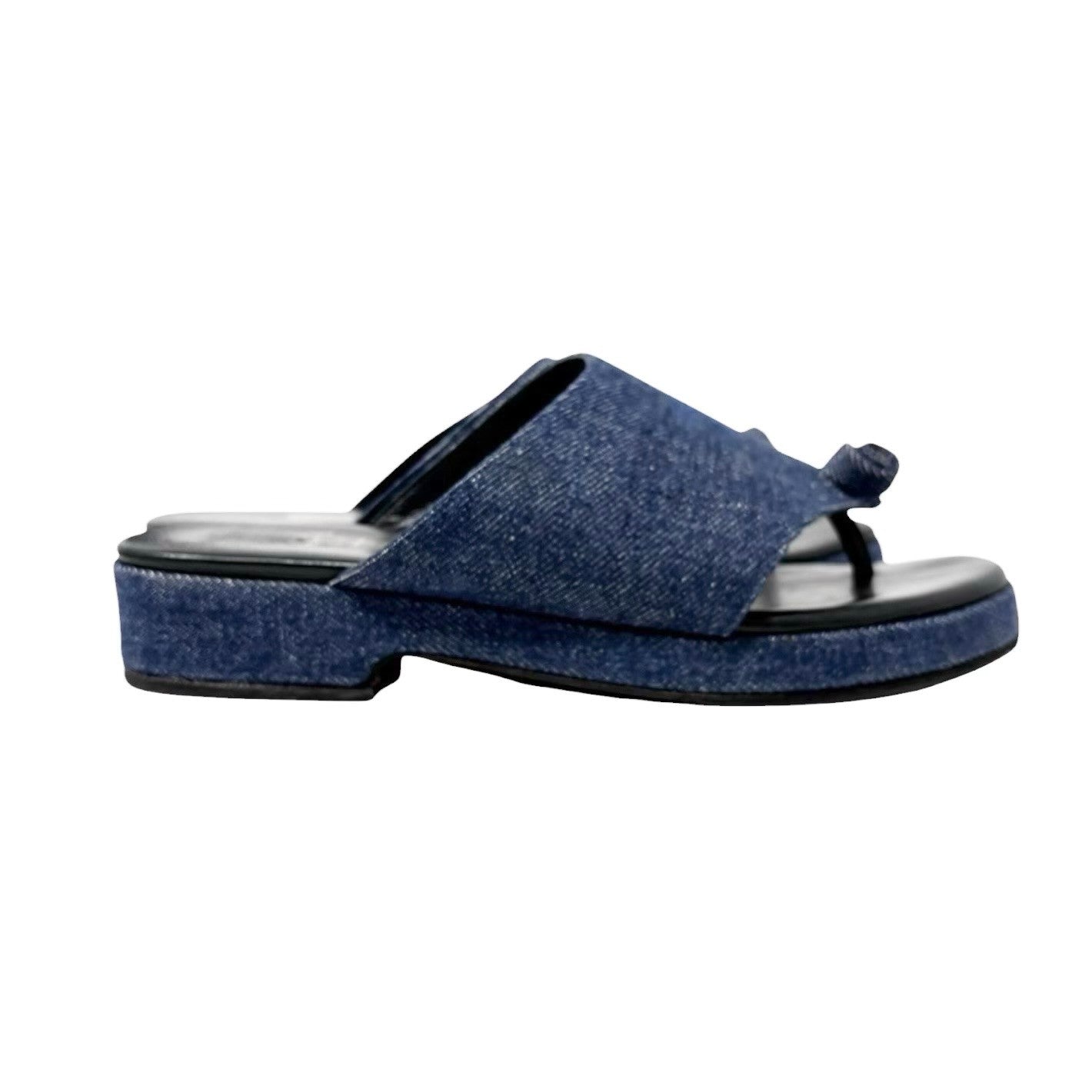 CHANEL Vintage CC Stitch Logo Thong Denim Sandals #37 Blue Black Leather