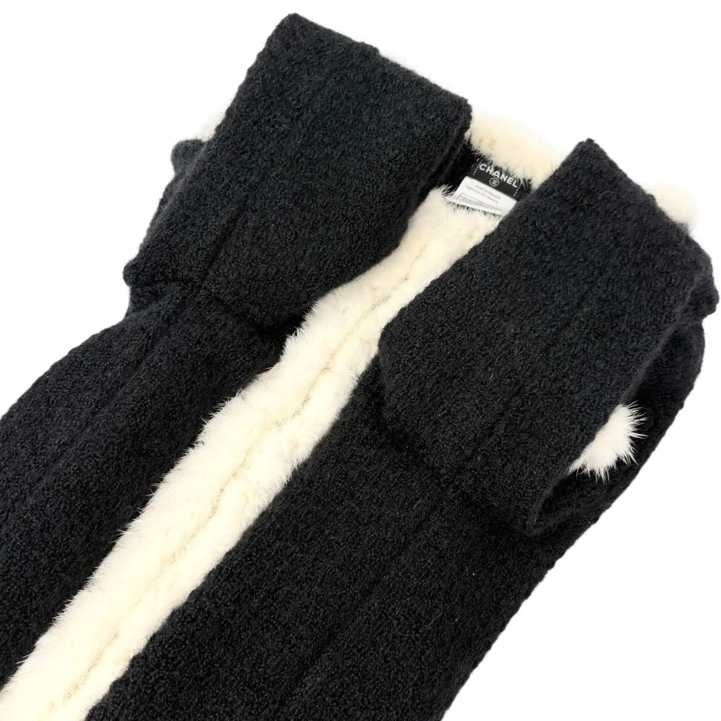 CHANEL Vintage 03A CC Logo Button Fur Trim Knit Jacket #42 Black White Mohair