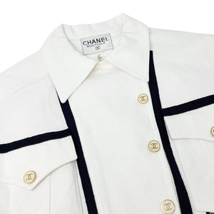 CHANEL Vintage CC Mark Logo Jacket Top Button White Dark Blue Cotton Rank AB+