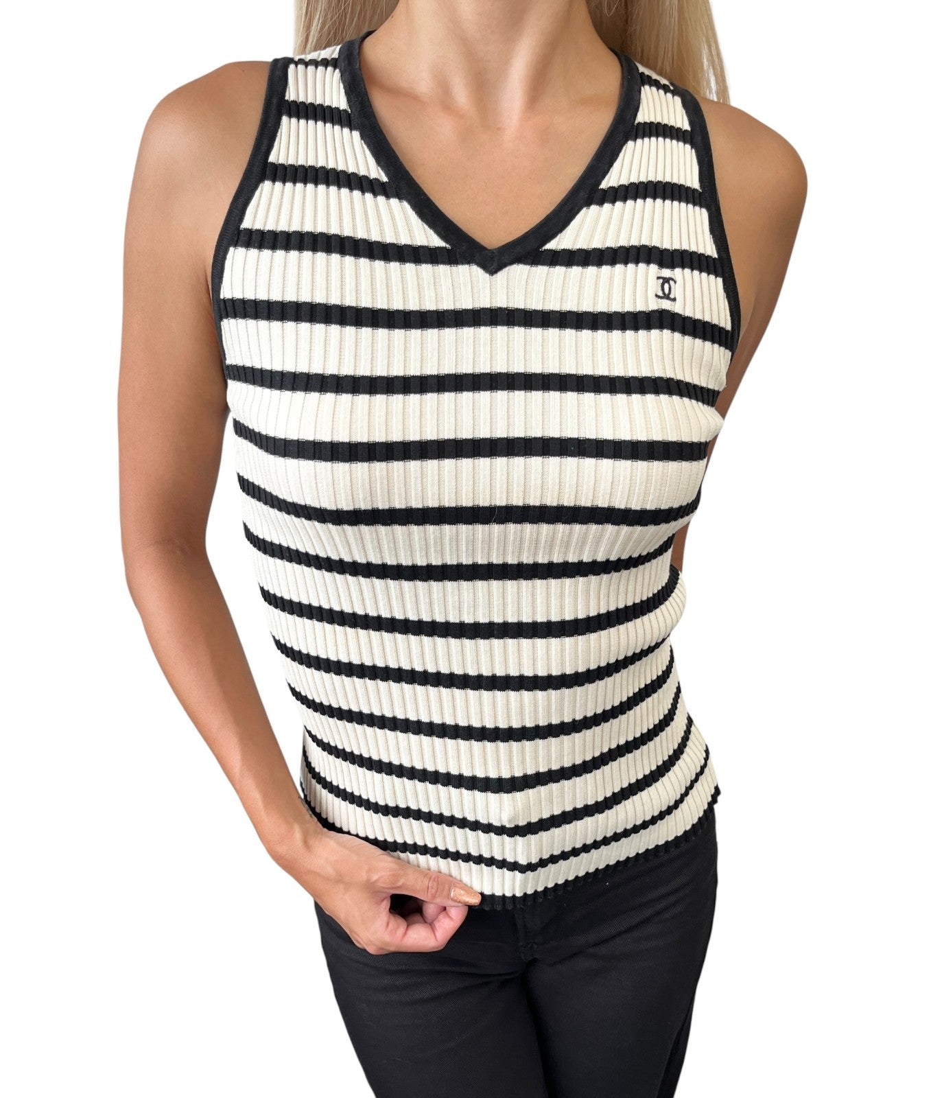CHANEL Vintage 98P CC Mark Logo Striped Knit Tank Top #38 Cream Black Cotton