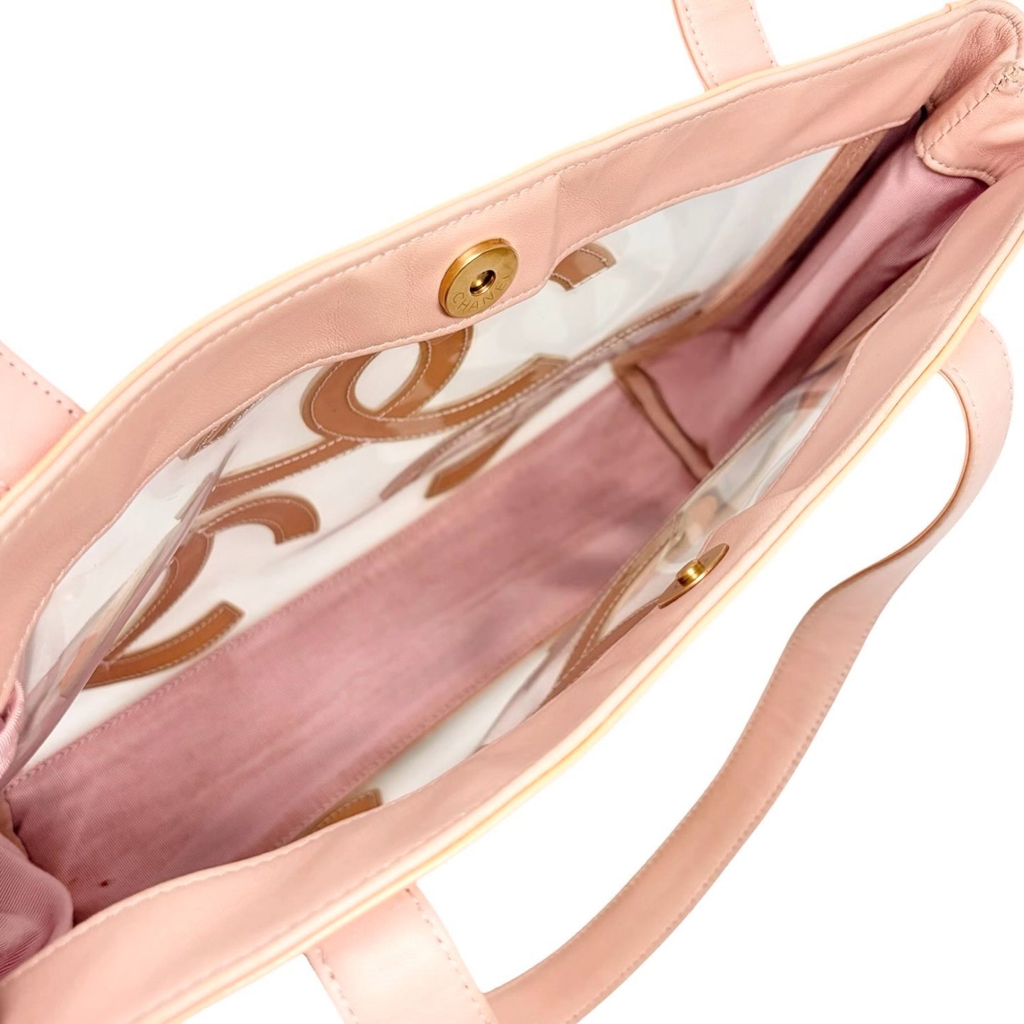 CHANEL Vintage Triple CC Logo Clear Tote Shoulder Bag Pink Beige Pouch 902078