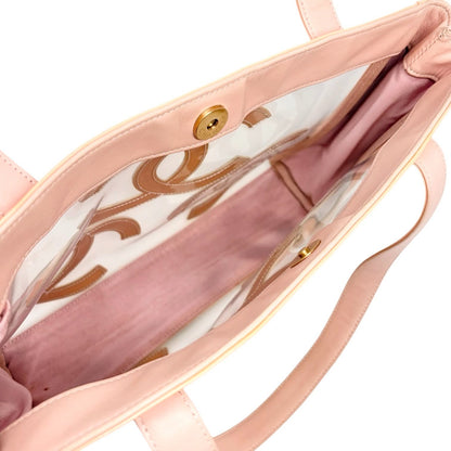 CHANEL Vintage Triple CC Logo Clear Tote Shoulder Bag Pink Beige Pouch 902078