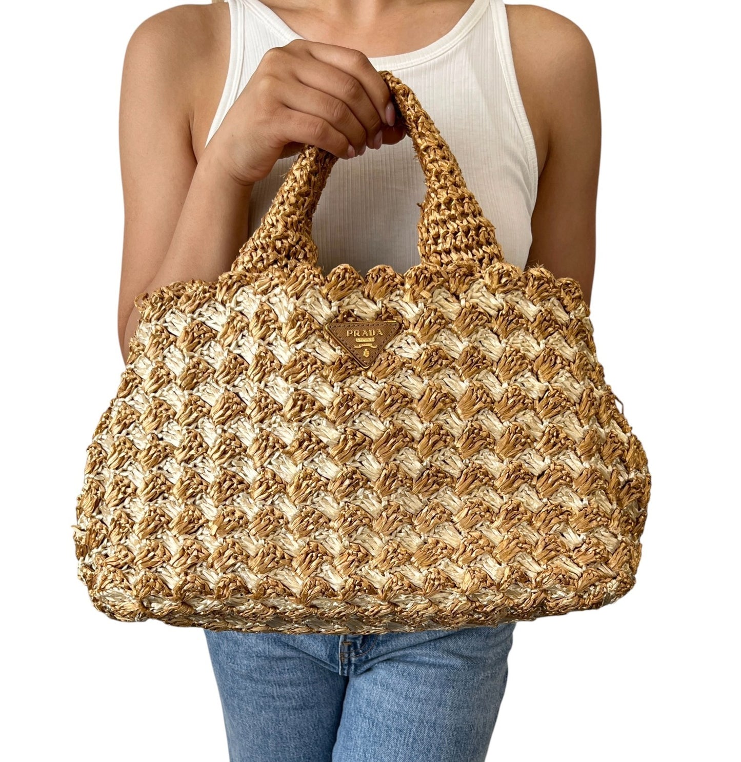 PRADA Vintage Triangle Logo Raffia Canapa Tote Bag Beige Cream Crochet 902066