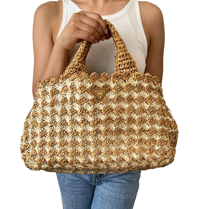 PRADA Vintage Triangle Logo Raffia Canapa Tote Bag Beige Cream Crochet 902066