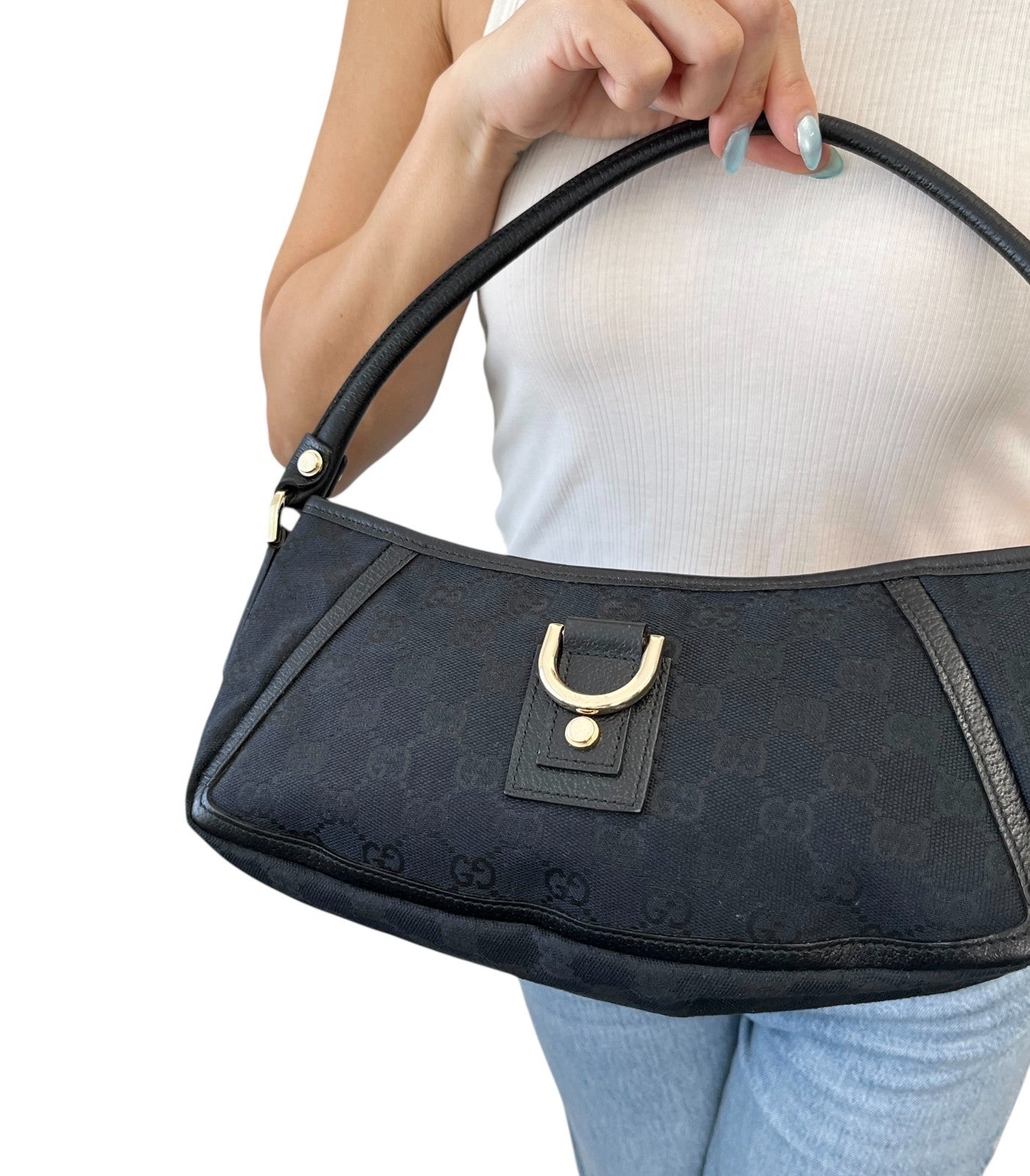 GUCCI Vintage GG Monogram Abbey Canvas Shoulder Bag Dark Blue Black Gold