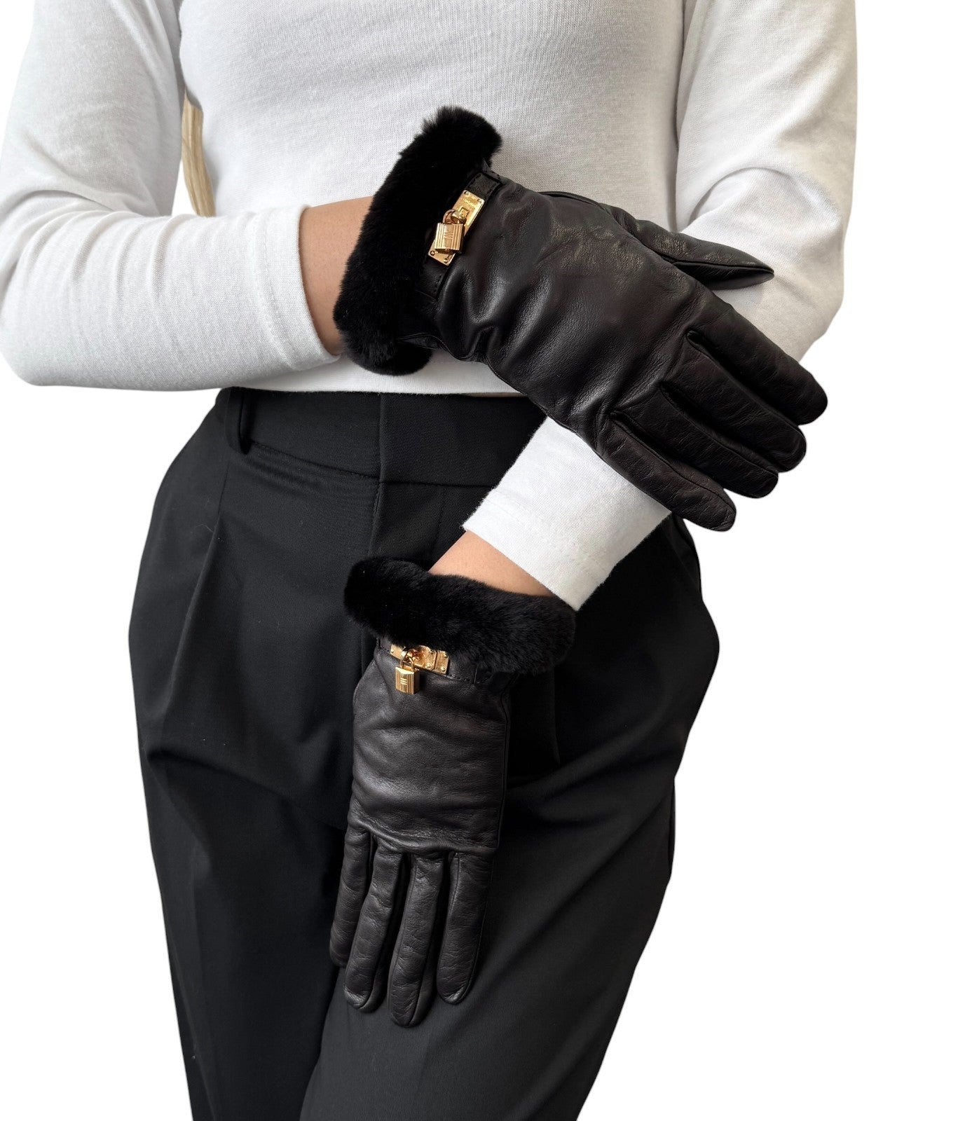 HERMES Vintage Kelly Padlock Cadena Fur Trim Leather Gloves #7.5 Black 902001