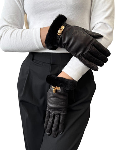 HERMES Vintage Kelly Padlock Cadena Fur Trim Leather Gloves #7.5 Black 902001