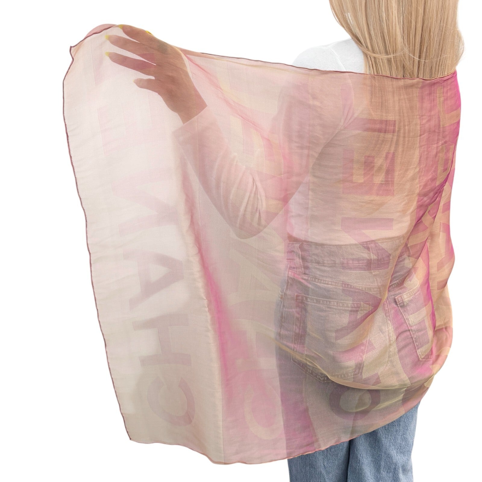 CHANEL Vintage Big CC Logo See-through Scarf Shawl Wrap Pink Cream Silk