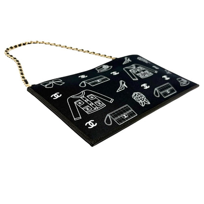 CHANEL Vintage CC Logo Icon Print Canvas Shoulder Bag Pochette Dark Blue Chain