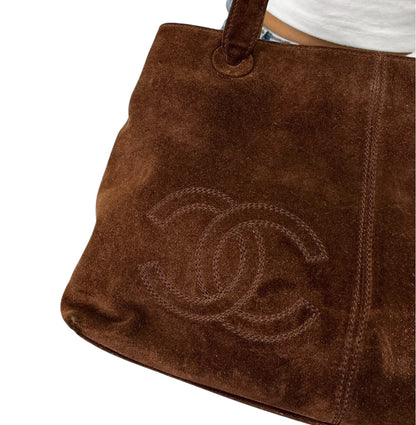 CHANEL Vintage Stitch CC Logo Suede Tote Shoulder Bag Zip Brown 902486