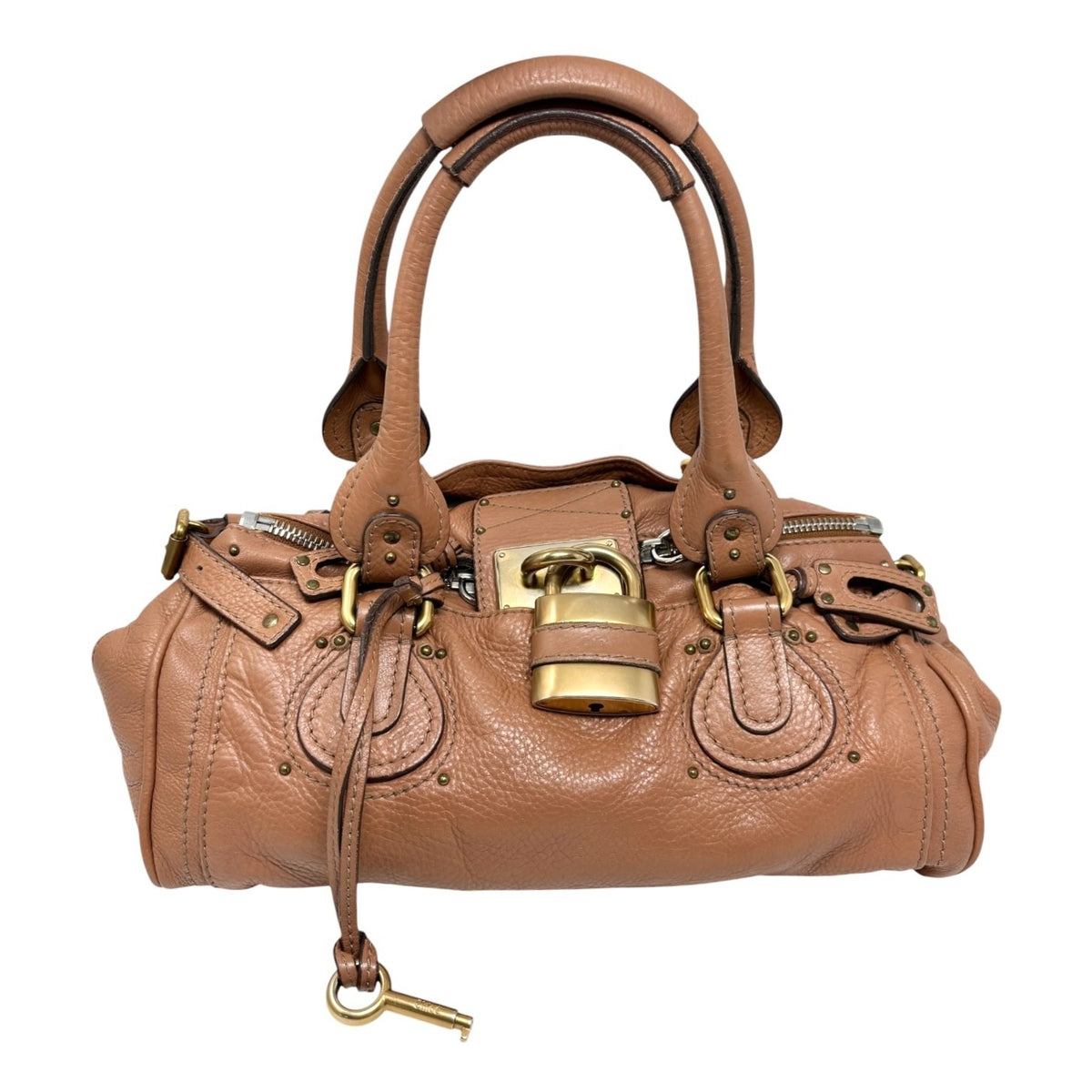 Chloe Vintage Paddington Padlock Key Boston Bag Leather Brown Gold 902318