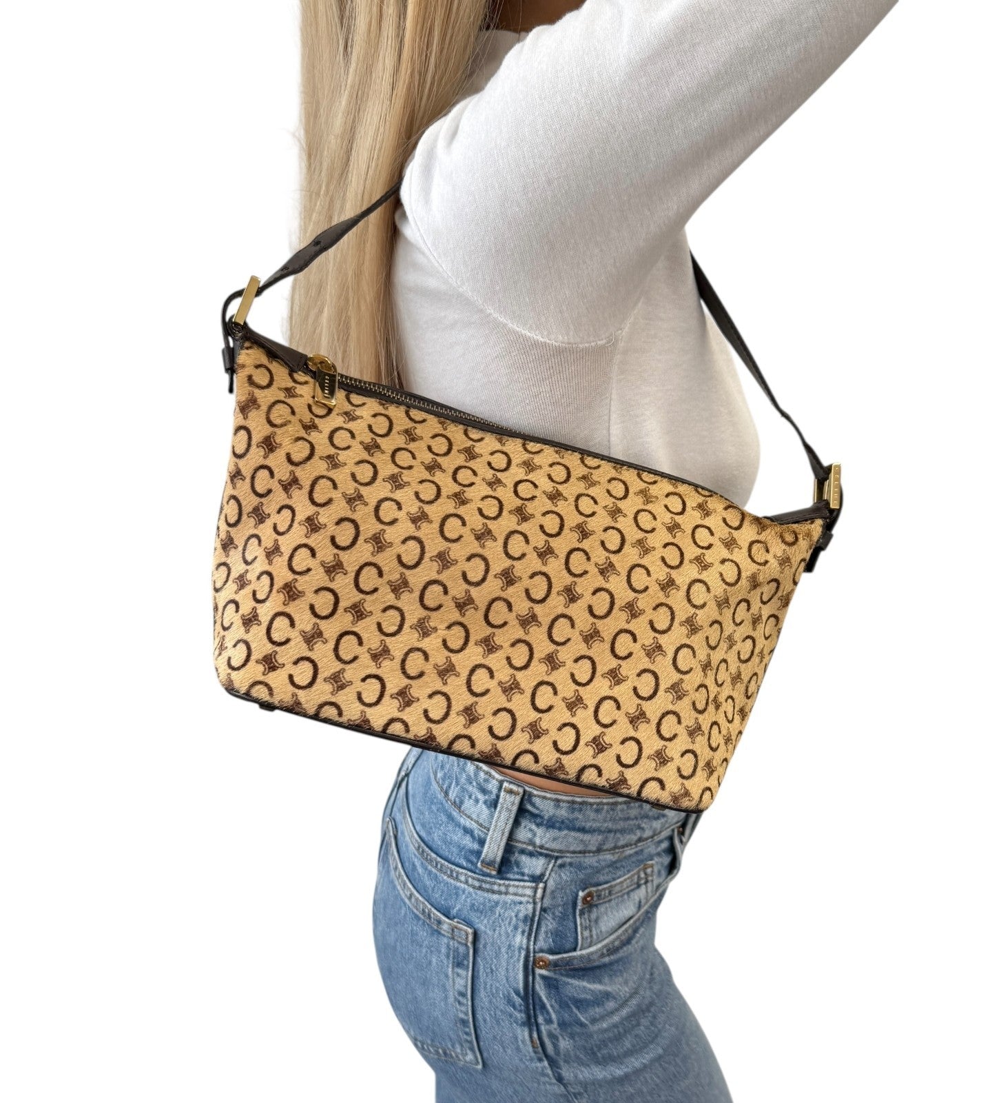 CELINE Vintage Macadam Logo Shoulder Bag Beige Brown Pony Calf Hair Leather