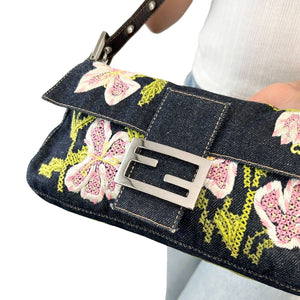FENDI Vintage Logo Denim Mamma Baguette Shoulder Bag Flower Embroidery RankAB
